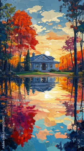A Tranquil Lakeside Home: Reflections of Autumn's Warmth at Sunset, an Oil Painting Style Scene of Serenity and Natural Beauty in a Peaceful Setting