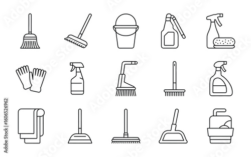 Cleaning Supplies & Tools Icons: Broom, Mop, Bucket, Sprayer, Sponge, Gloves, Towel, Brush, Dustpan Vector Set