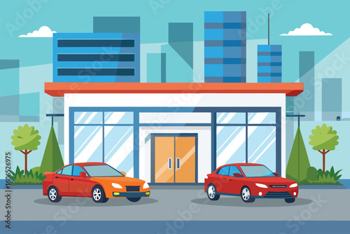 Colorful car dealer showroom with two vibrant vehicles parked in front, showcasing a contemporary building design set in an urban environment during the day