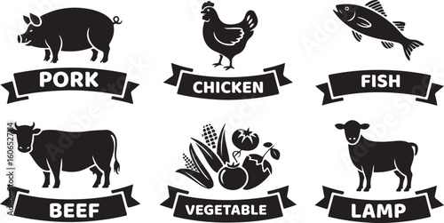 food icons with animal silhouettes and banner labels for pork chicken fish beef