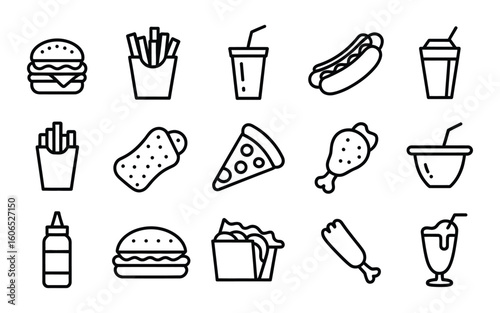 Fast Food Combo Meals and Restaurant Cuisine Vector Set - Burger, Fries, and Drink Icons