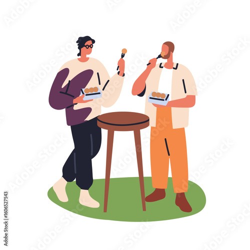 Men friends eating street food outdoors. Young male characters standing by table outside with snacks, relaxing in park on summer holiday, leisure. Flat vector illustration isolated on white background