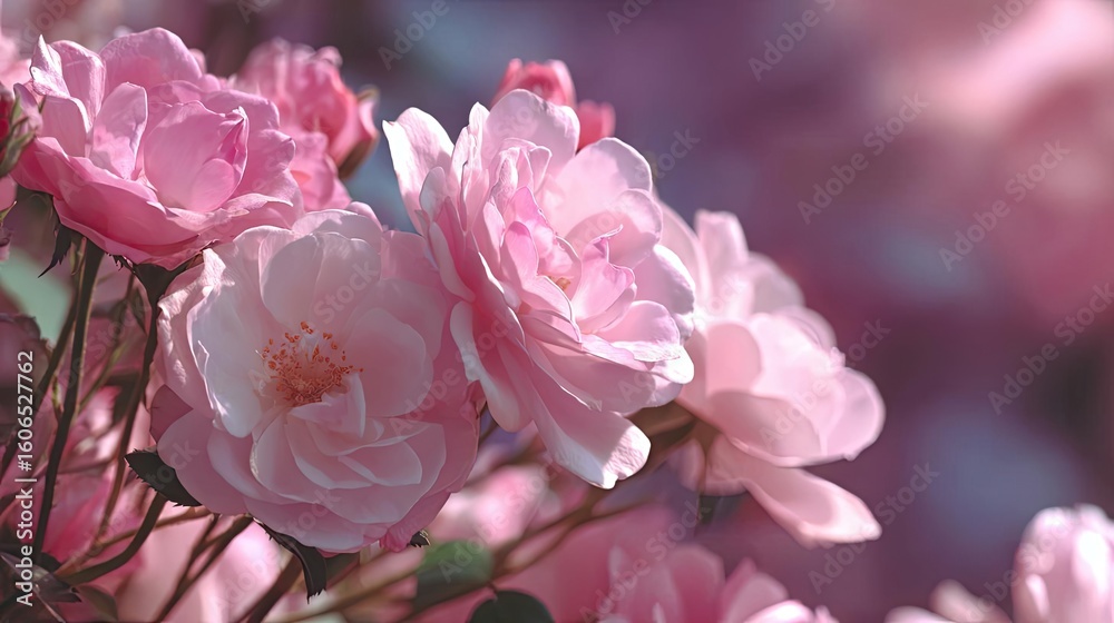 Obraz premium Centifolia rose with floral tempo concept. A close-up view of beautiful pink roses in a soft focus.