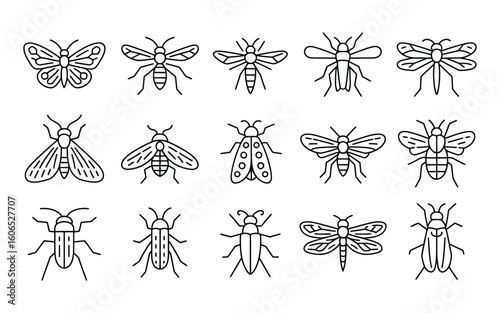 Pest Control and Insect Icons: Butterfly, Moth, Dragonfly, Ant, Beetle, Fly, Bug, Pest Control Vector Set
