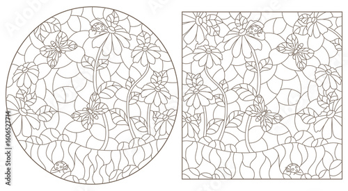 Set of contour illustrations in the style of stained glass with flowers and insects, dark outlines on a white background