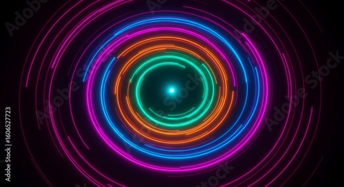 Concentric neon rings of various colors radiate from a central point on a black background, creating a mesmerizing digital art piece