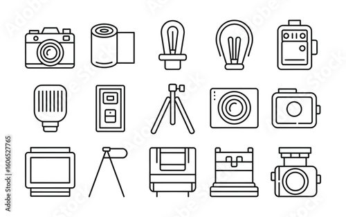 Photography Equipment Icons: Camera, Film, Lighting, Tripod, Flash, Monitor, Studio Gear, Photo Accessories Vector Set