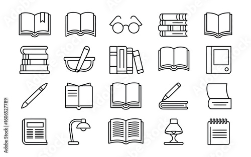 Reading & Education Icons: Open Book, Stack of Books, Glasses, Pen, Lamp, Notepad, Study Essentials Vector Set