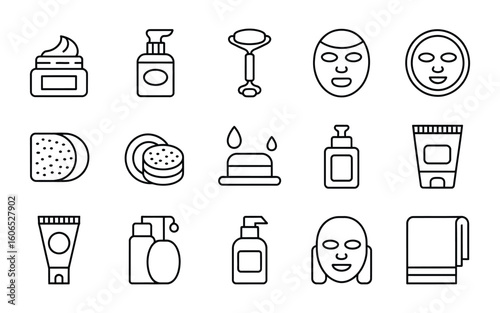 Skincare & Spa Treatment Icons: Cream, Lotion, Face Roller, Mask, Sponge, Cleanser, Towel, Beauty Products Vector Set
