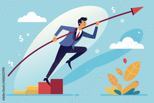 Businessman impressively pole vaulting over financial challenges while striving for success in a vibrant and dynamic environment