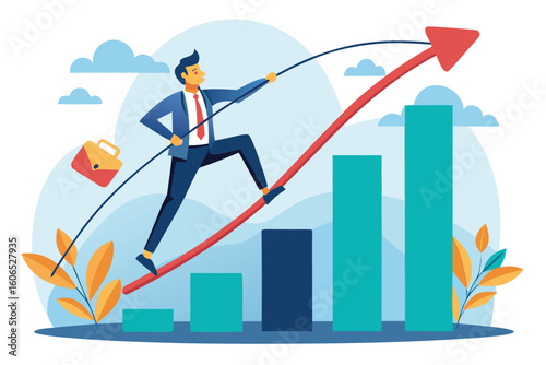 Businessman pole vaulting over a growth bar to symbolize success and achievement in a competitive market environment
