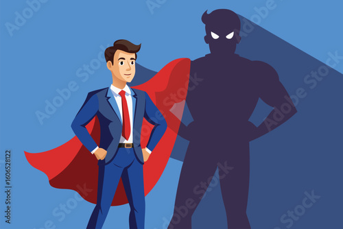 Businessman envisions a superhero transformation with dreams of heroism and confidence in a modern urban setting