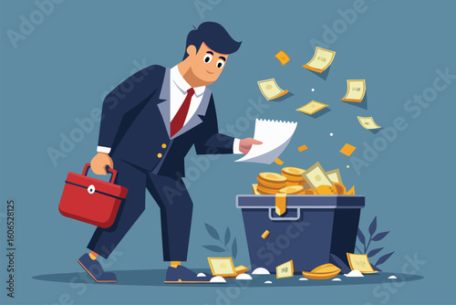 Businessman feeding documents into a shredder to securely dispose of confidential files in an office setting focused on data protection and security management