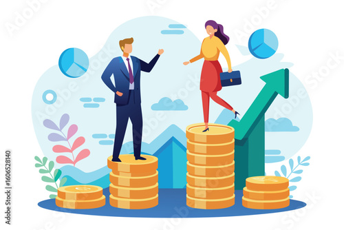 Business professionals standing on stacks of coins representing financial growth and success, demonstrating teamwork and ambition in a modern workspace