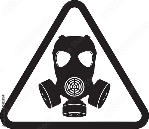 Black and white triangular warning sign with a gas mask, symbolizing danger, hazardous environments, chemical threats, and personal protective equipment required