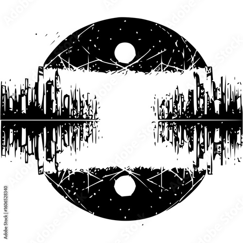 Black and white cityscape silhouette reflected in water with moon and abstract circular design element