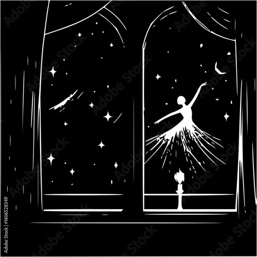 Silhouette of a ballerina dancing gracefully by a window under a starry night sky with a crescent moon shining
