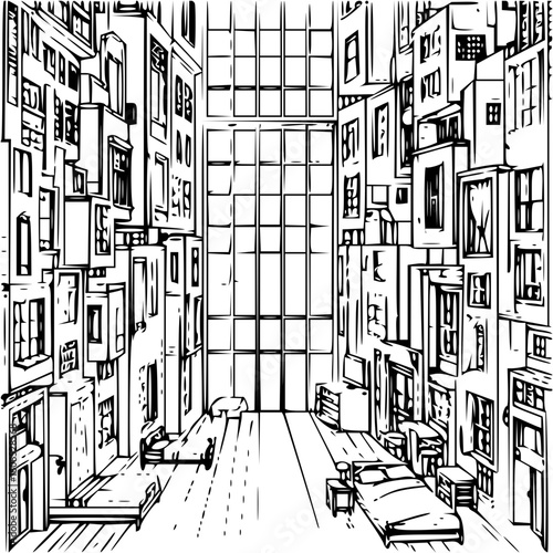 Illustration of a surreal room with beds and furniture surrounded by buildings and windows view