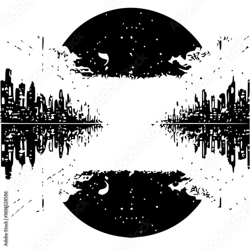 Abstract cityscape reflected in water with a stylized moon above in black and white style