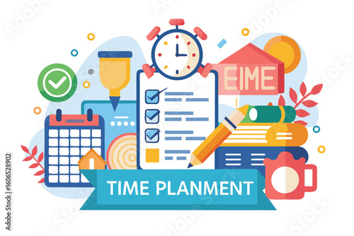 Business time management concept with planner, calendar, tasks checklist, alarm clock, and stationery items to organize deadlines and enhance productivity efforts