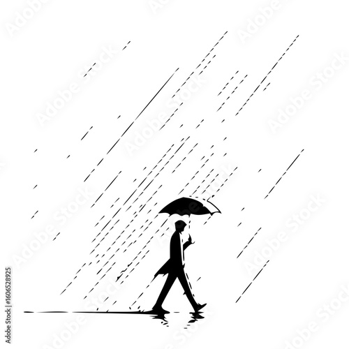 Silhouette of a person walking with an umbrella in the rain on a white background in black and white