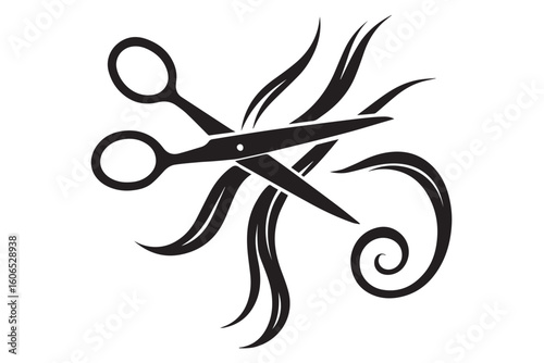 Artistic Design of Scissors and Hair in Motion, Black and White Silhouette, Perfect for Hair Salons and Haircare Branding, beauty salon hair cutting concept