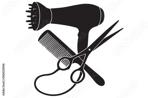 Stylized Silhouette of Hair Tools Scissors, Comb, and Blow Dryer in Black and White, Perfect for Hair Salons and Beauty Branding, beauty salon hair cutting concept