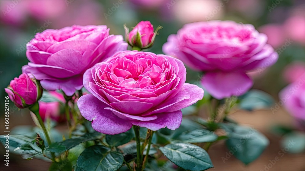 Obraz premium Centifolia rose with floral tempo concept. Vibrant pink roses blooming in a beautiful garden setting.