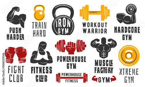 Fitness Gym logos. Simple Fitness Gym logos for bodybuilding, sport club, personal training, powerlifting label or workout brand. Vector illustration.