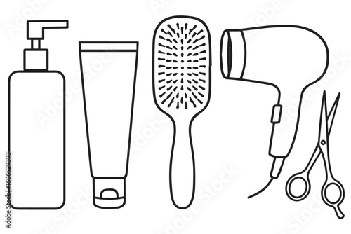 Beauty Salon Tools Shampoo, Hairbrush, Blow Dryer, and Scissors in Clean Line Art Style, beauty salon hair cutting concept