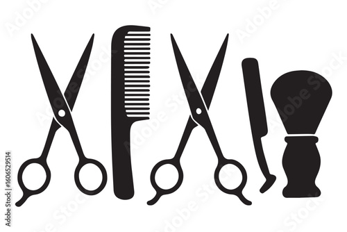 Minimalist Silhouette of Grooming Equipment Hair Scissors, Comb, Straight Razor, and Shaving Brush, Perfect for Barbers and Hair Stylists, beauty salon hair cutting concept