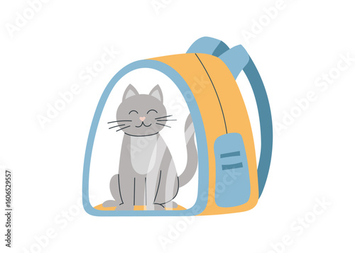 A cat in the carrier. Concept of travel with pet. Illustration of cat sitting in the carrier. Vector flat clipart.