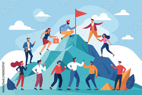 Business leadership concept visualizing teamwork, achievement, and overcoming challenges on a mountain in a vibrant landscape with diverse individuals engaged in various activities