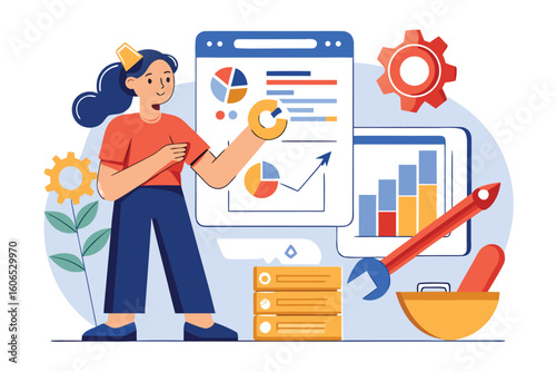 Business improvement concept illustrated with a woman engaging with data charts and tools in a contemporary flat style design showcasing productivity enhancements and analysis