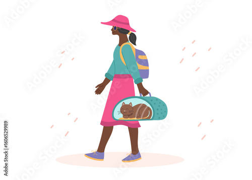 Traveler woman with pet cat in the carrier. Concept of travel with pet, summer vacation. Vector flat clipart.