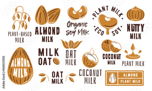 Plant Milk logos. Large set of Plant Milk logos for dairy-free branding, organic packaging, vegan product label or eco-friendly identity. Example: Almond, Oat, Soy, Coconut logo. Vector illustration.