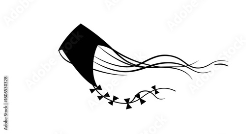 Black Kite Silhouette with Flowing Tails and Decorative Bows