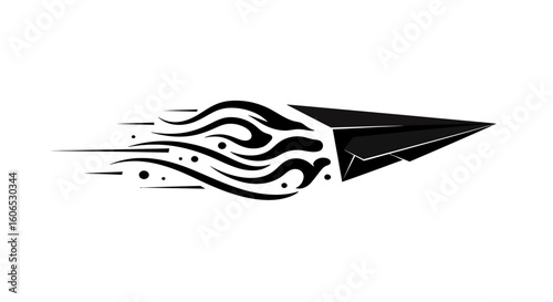 Black Paper Airplane with Speed Lines, Graphic Design Element