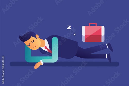 Businessman experiencing burnout while lying on the ground with a briefcase nearby shows the toll of work stress and fatigue in a modern office environment