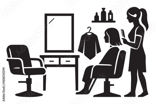 beauty salon scene with a hair stylist and client, modern interior, elegant space with chairs, mirrors, and hair products, beauty salon hair cutting concept