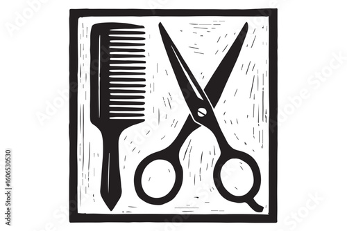 Minimalist beauty salon with comb and scissors icon isolated on white background for beauty business, hair care, and grooming services, beauty salon hair cutting concept