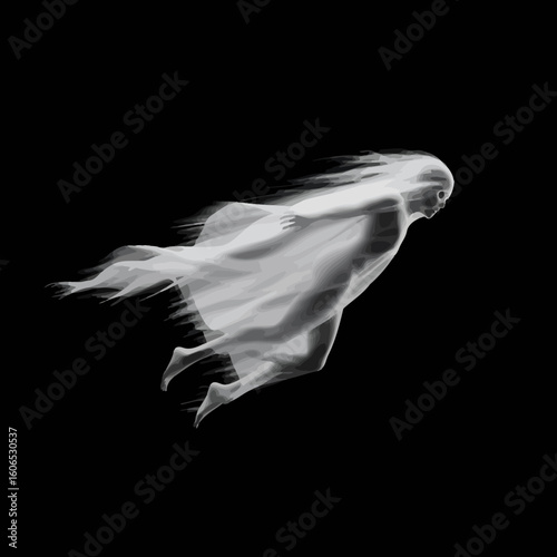 Ghostly Figure in Flight: A Flowing, Semi-Transparent, Ethereal Form
