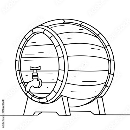 Line Art Illustration of a Wooden Barrel with Spigot on Stand