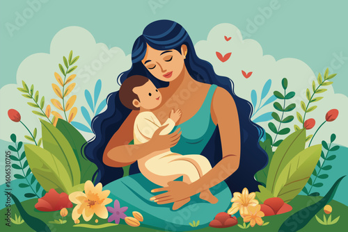Mother breastfeeding her baby in a serene garden surrounded by colorful flowers and lush greenery, creating a peaceful and nurturing environment during a sunny day
