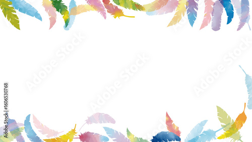 手描き水彩のカラフルな羽がふわふわと舞う（16:9）3  Feather Series:Hand-Drawn Watercolor Colorful Feathers Falling Softly from Above
