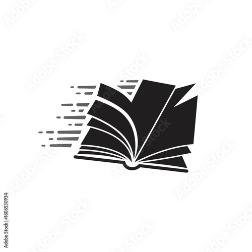 Stylized Open Book with Motion Lines, Black Silhouette Design