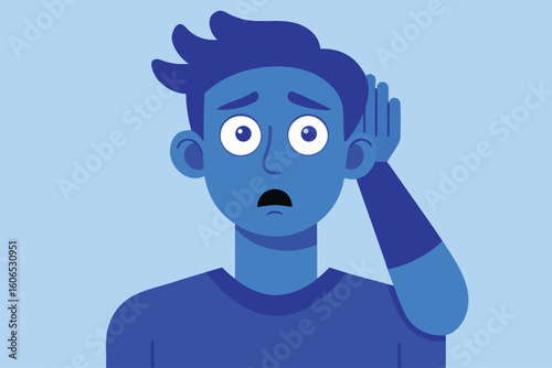 Confused and anxious man contemplating with hand on head in a blue illustrated style on a light blue background