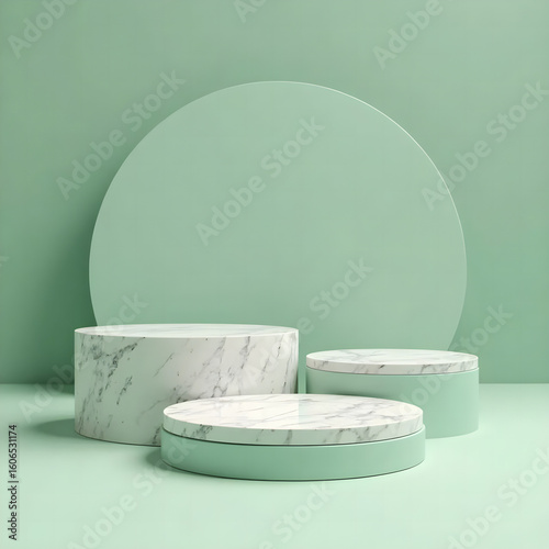 3D Render product display podium green marble texture  on green background