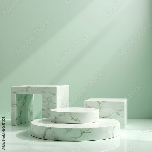 3D product display podium scene with green marble texture minimal modern look for cosmetics or tech product showcase