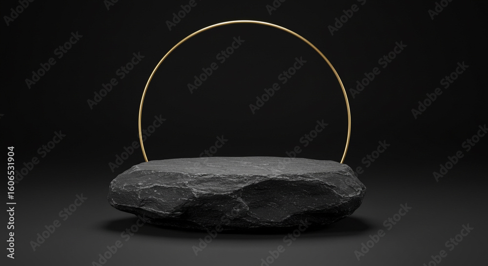 A natural rock platform and a luminous gold circle create a sophisticated product showcase. A natural rock platform and a luminous gold circle create a sophisticated product showcase.